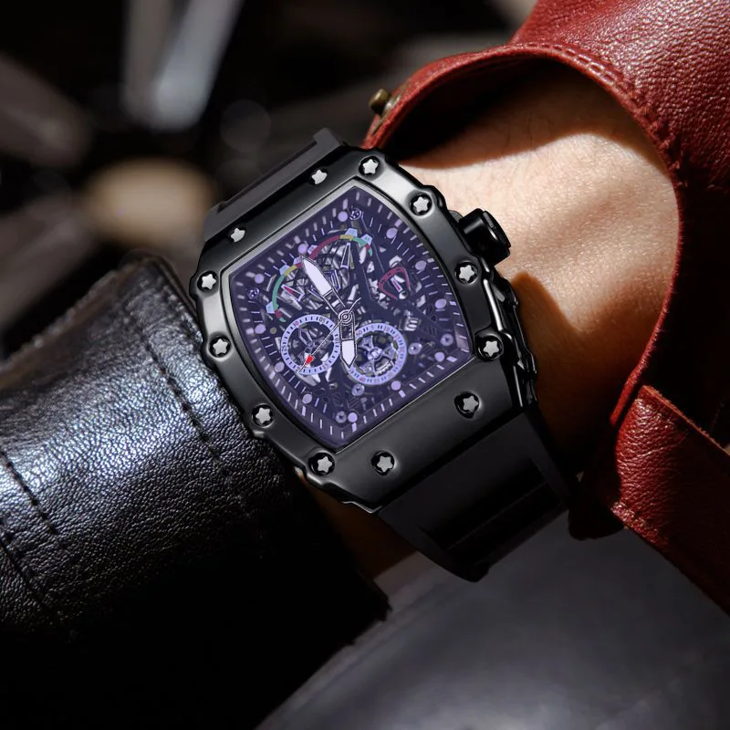 

Мужские кварцевые часы Tonneau с декоративным циферблатом, светящиеся, с резиновым ремешком, спортивные, водонепроницаемые, класса AAA, Relogio