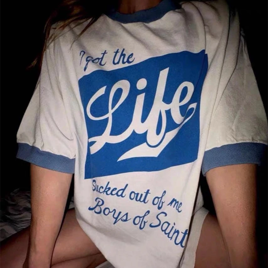 T-shirt bleu patchwork SAINT I Got The Life pour hommes et femmes, t-shirt de haute qualité pour garçons de Saint