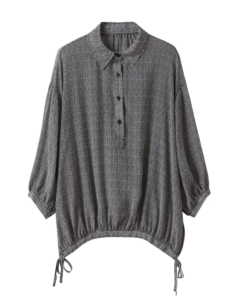 Silk irt Women's Spring Autumn Plaid Design Sensation Small ence  Silk Top  Collar Seven Sve Regular Length