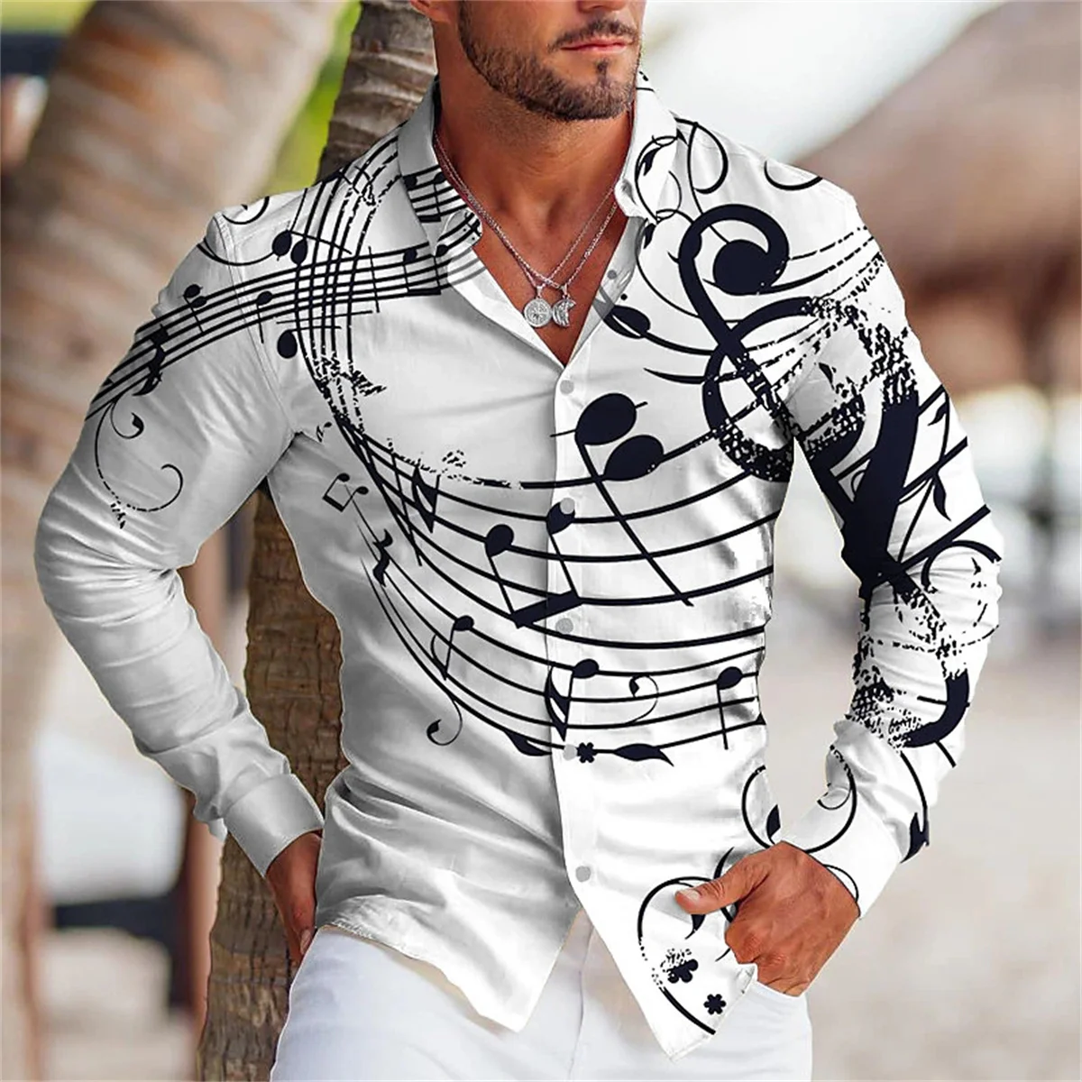 New Men\'s Summer Long Sleeve Shirt Music Printing Design Button T-Shirt Comfortable Elegant Men Shirts Oversized Casual Clothing