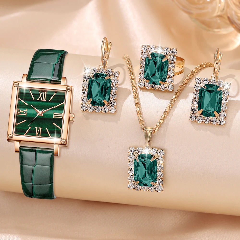 5PCS/SET Green Women's Watch Fashion Simple Elements Square Dial Quartz Watch Necklace Ring Earrings Jewelry Set Gift for Her