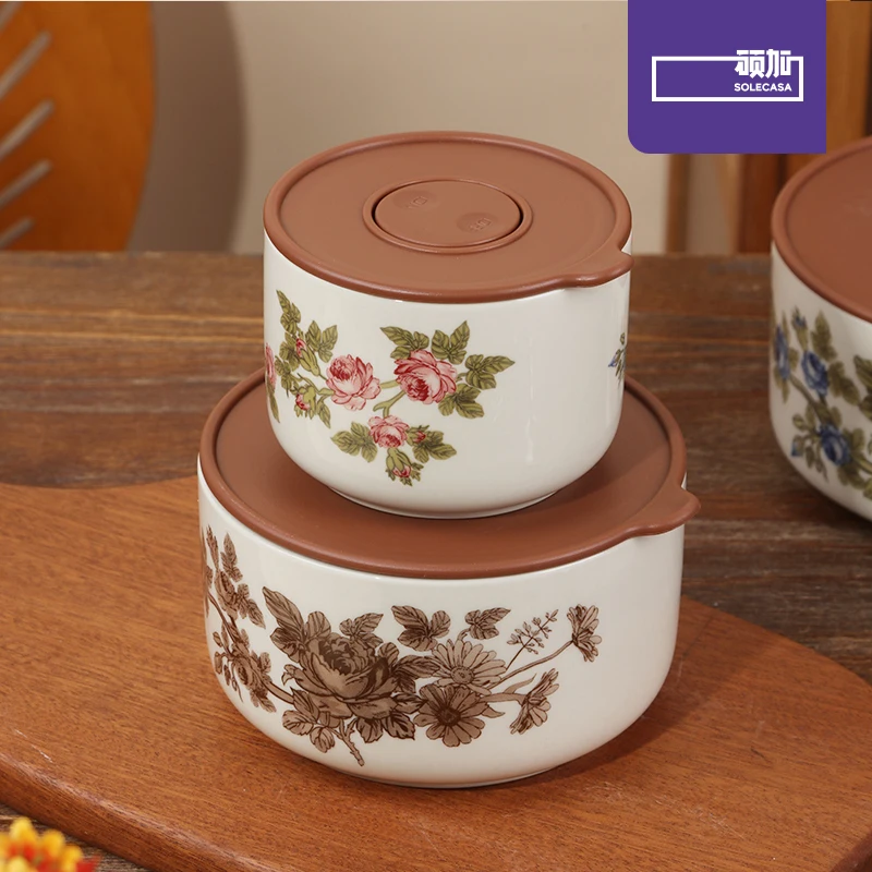 SOLECASA Elegant Rose Pattern Ceramic Lunch Box, Leak-Proof Bento Container for Work, Picnic & Fresh Food Keeping
