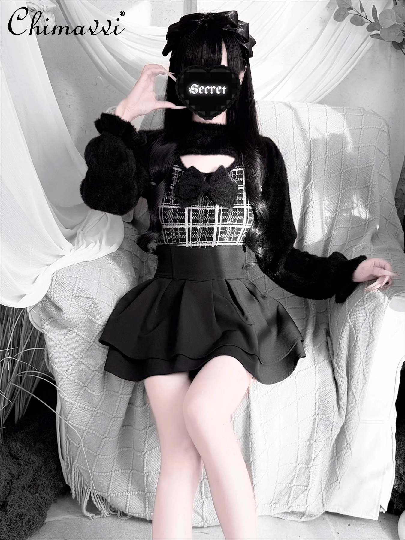 

Японский стиль Mine Series, милый клетчатый свитер с бантом и открытой грудью, норковый бархатный свитер, осенний элегантный топ в стиле Лолиты с длинными рукавами для милых девочек