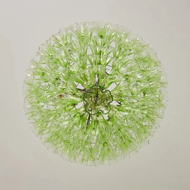 Luxury Green Flower Glass Chandelier Retro Multi Tier Round Hanging Lamp For Loft Living Room Kitchen Table Art Lighting Fixture