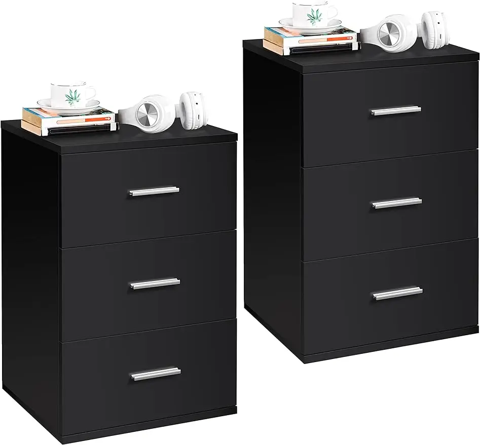 

2PCS Nightstand with 3 Drawers, Wood Bedside Table with Metal Handles,Bedside Cupboard Chest of Drawer Cabinet Unit with Storage