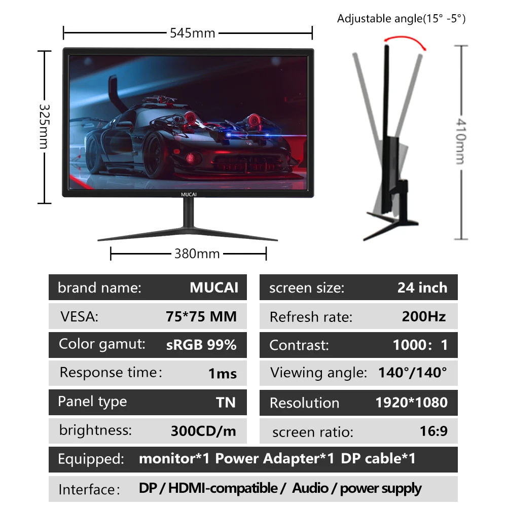 Mucai 24 Zoll Monitor 144Hz Gaming-Computer 200Hz Display fhd 1080p Licht bildschirm HDMI-kompatible DP Power Por 1920*1080