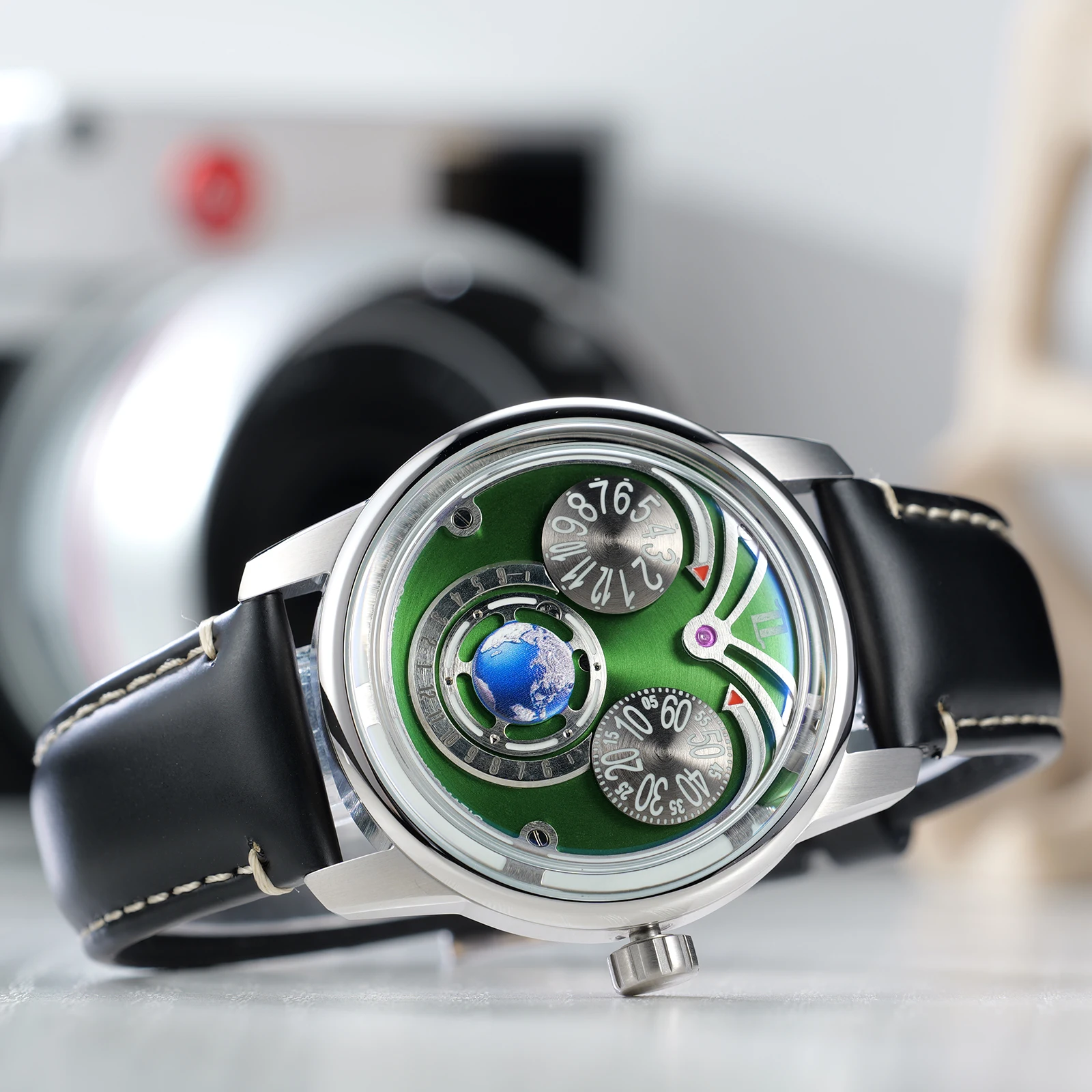 

OBLVLO Innovative OWL Luminous Eagle Eyes Green Dial Mechanical Watch Earth Leaher Transparent Automatic Watches Rejos JM-EAGLE