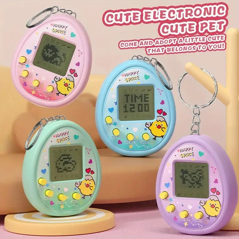 Cute Cartoon Handheld Virtual Pet Game Console with Keychain Portable Mini Electronic Pet Raising Machine Battery Powered