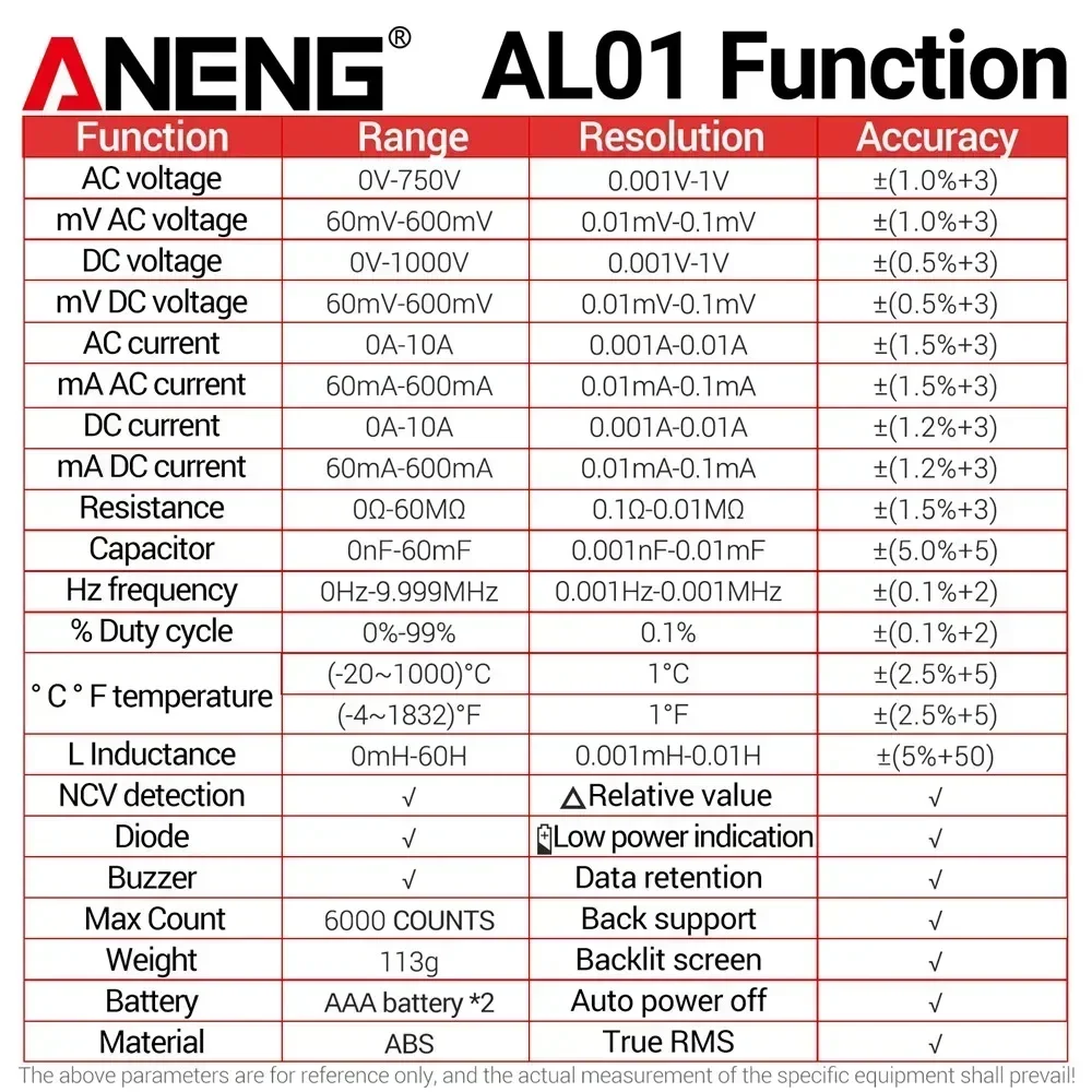 ANENG AL01 Inductie Digitale Multimeter 6000 Count True-RMS AC/DC Spanningsmeter Stroomtester Professionele Elektricien Gereedschap