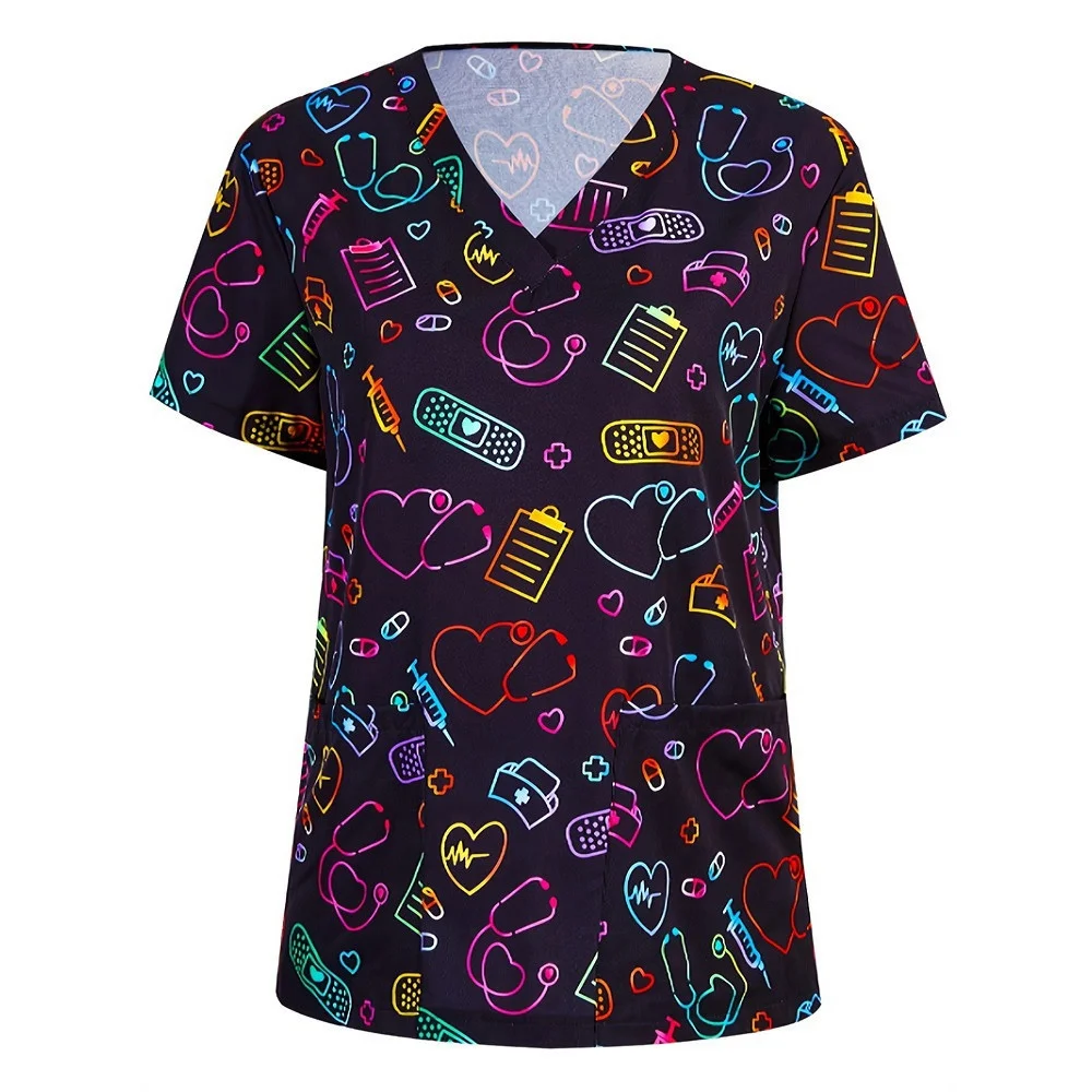 Uniforms Women Medical Elegant Heart Print Fashion V-Neck Curable Medico Casual Patch Pocket Short Sleeve Scrub Medical Woman