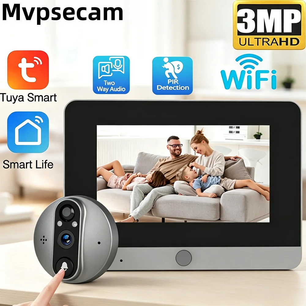 4.3 Inch Screen 3MP Door Peephole Camera Tuya Battery-Powered WiFi Smart Home Monitor, PIR Motion Detection Two-Way Talk