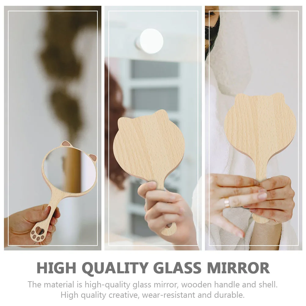 

2pcs Handheld Makeup Mirrors Lovely Wooden Mirrors Cat Ears Design Hd Glass Durable Portable Beauty Mirror For Home