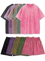 2025 nuevo conjunto de camiseta de Color sólido lavado, pantalones cortos de algodón multicolores de manga corta de calle a la moda, pantalones cortos deportivos sueltos y cómodos