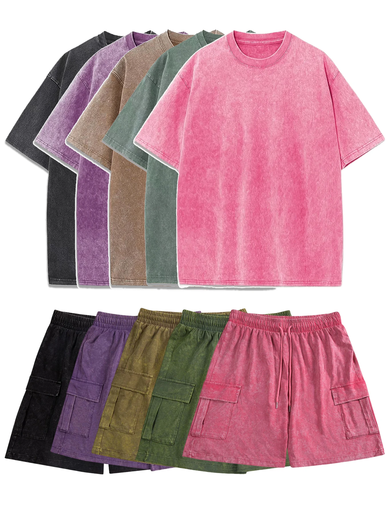 2025 New Washed Solid Color T-Shirt Set Trendy Street Short Sleeve Multi Colors Cotton Shorts Loose Comfortable Sports Shorts