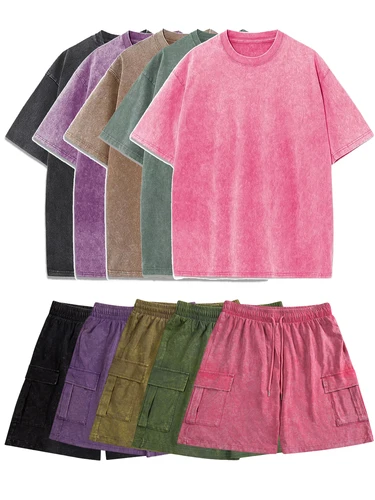 2025 nuevo conjunto de camiseta de Color sólido lavado, pantalones cortos de algodón multicolores de manga corta de calle a la moda, pantalones cortos deportivos sueltos y cómodos