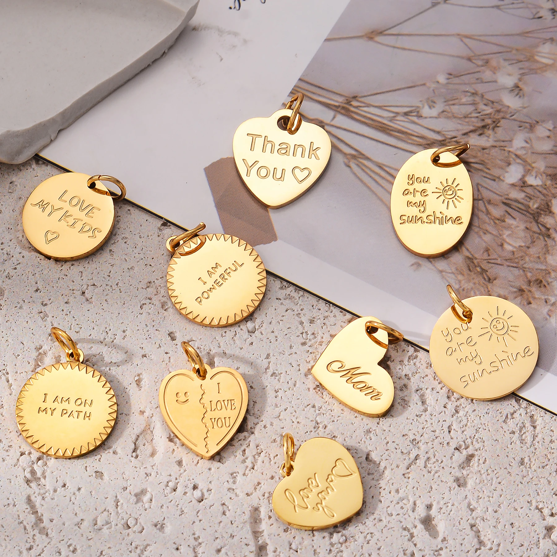 

10Pcs Round Heart Stainless Steel Accessories Love you/You are my sunshine/Thank you Charms Pendant for DIY Necklace Earrings
