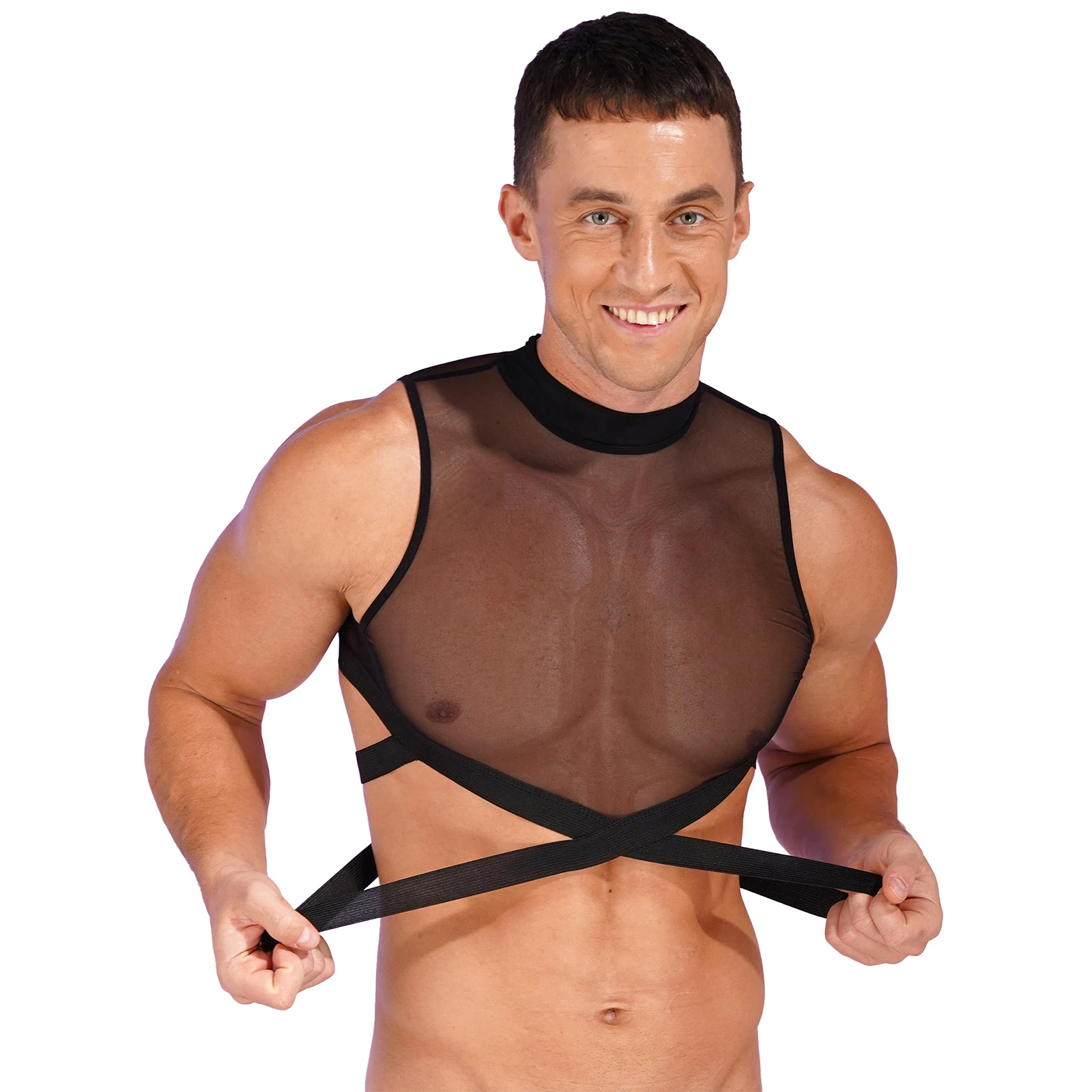 Mens See through mesh Crop Tops design back zipper Strappy Criss Cross Vest Tops Sleeveless Sheer Mesh Top Rave Festival Costume