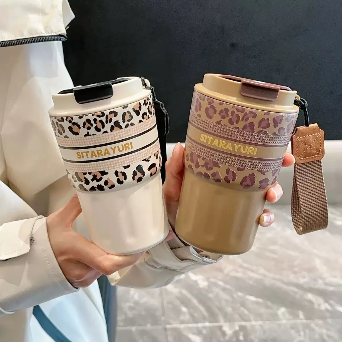 

360/600ML Leopard Print Thermal Insulation Coffee Mug 304 Stainless Steel Portable Large-Capacity Handy Office Mug Light Luxury