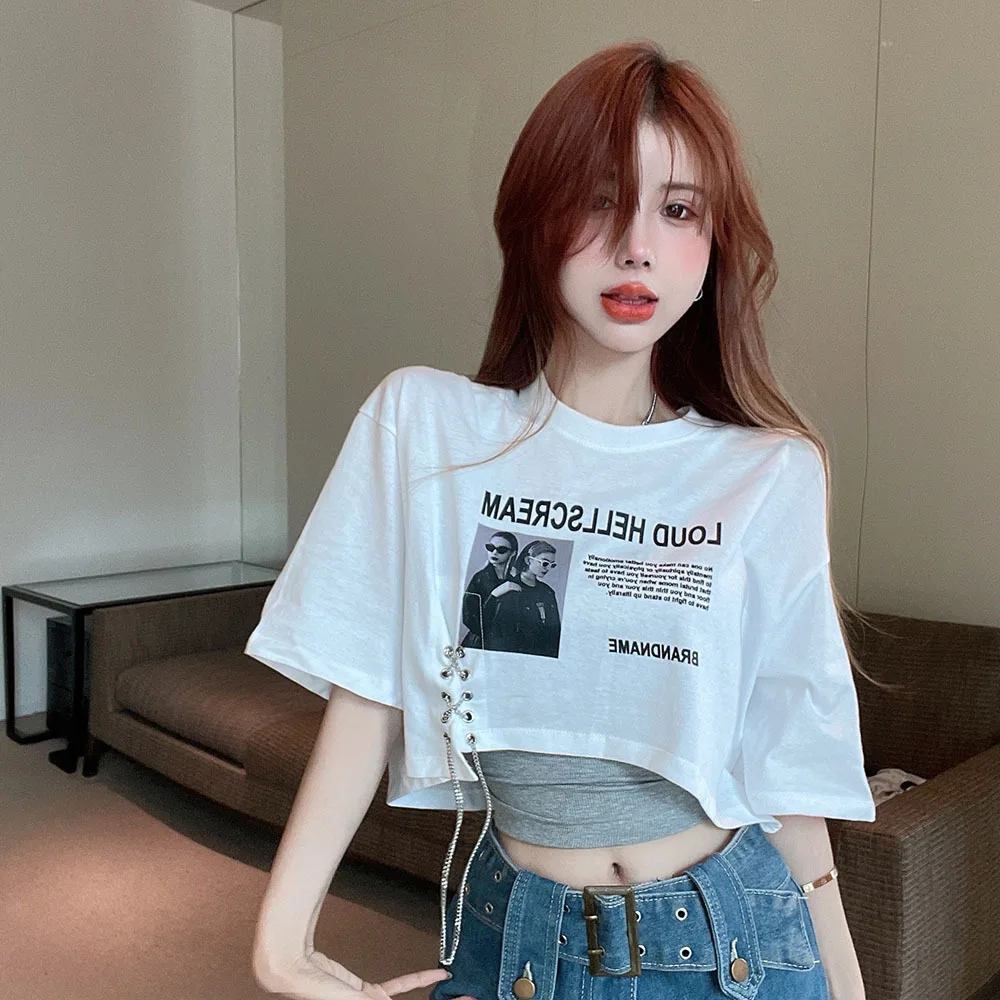 Summer New Letter Print T-shirt Women\'s Loose Open Navel Short Sleeve Hot Girls Crop Top Street Chic Female Chain Retro Tees Y2k