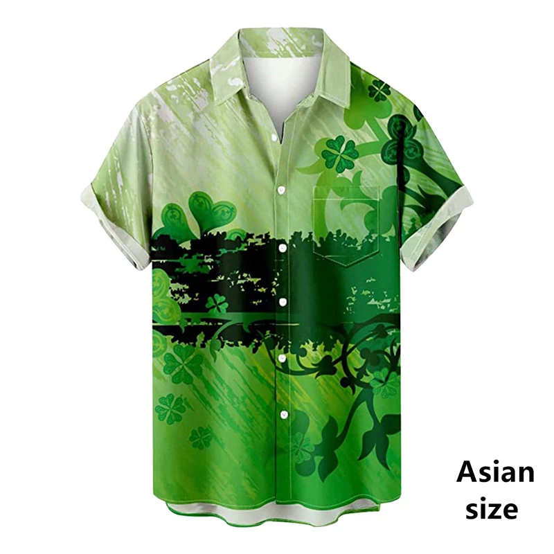 St. Patrick'S Day Mens Shirts New Sports Leisure Fashion 3D Green Clover Print Short Sleeve Shirts Men Hawaiian Festival Clothes