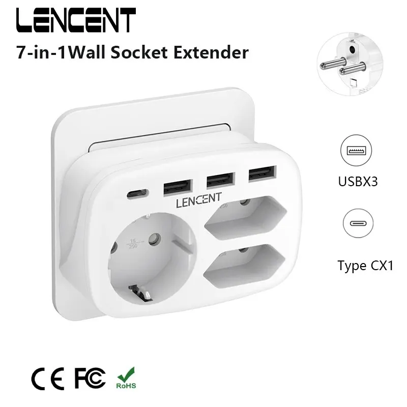 LENCENT EU Plug Multiple Wall Socket Extender z 3 gniazdami AC 3 portami USB i 1 adapterem wtyczki typu C7-in-1 do domu i biura