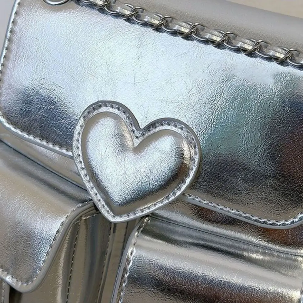 Versatile Silver Backpack Chain Solid Color Bookbag Heart Large Capacity Rucksack