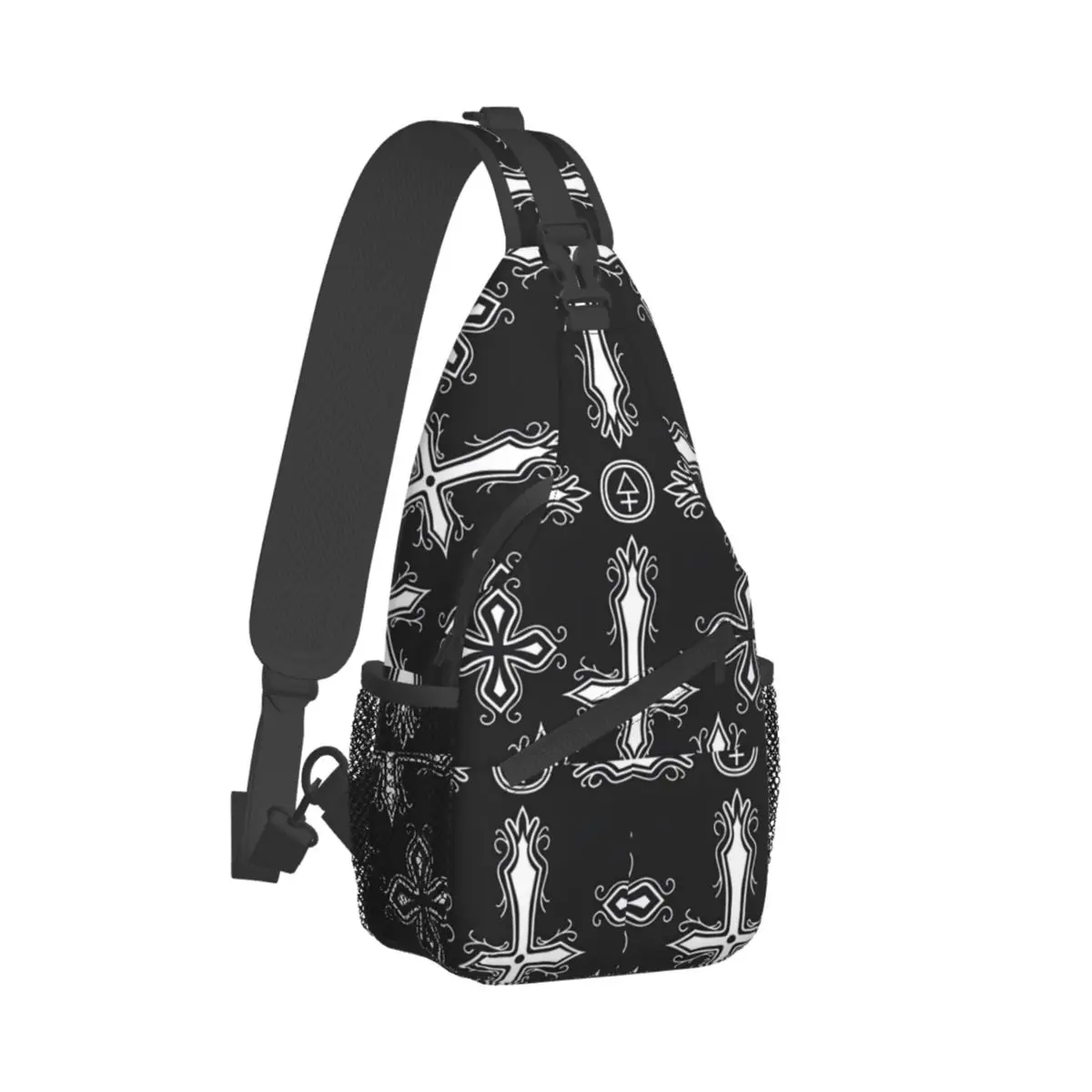 

Black Gothic Cross Pattern Crossbody Chest Bags Cross Crucifixion Pockets Travel Pack Messenger Sports Teens Shoulder Bag Unisex