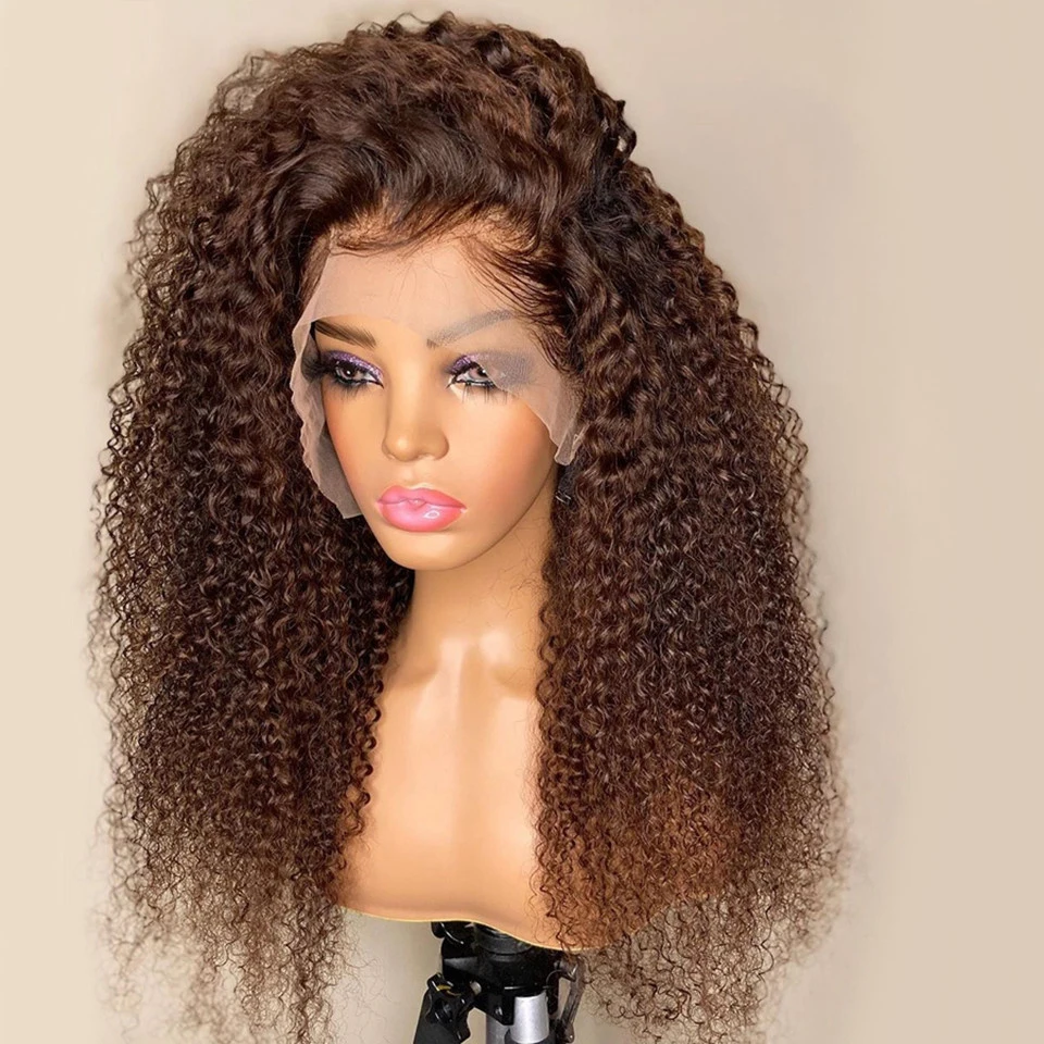 Long Dark Brown Kinky Curly Lace Front Wig para mulheres negras, cabelo macio do bebê, 180 Densidade, resistente ao calor, pré-arrancadas, 26"