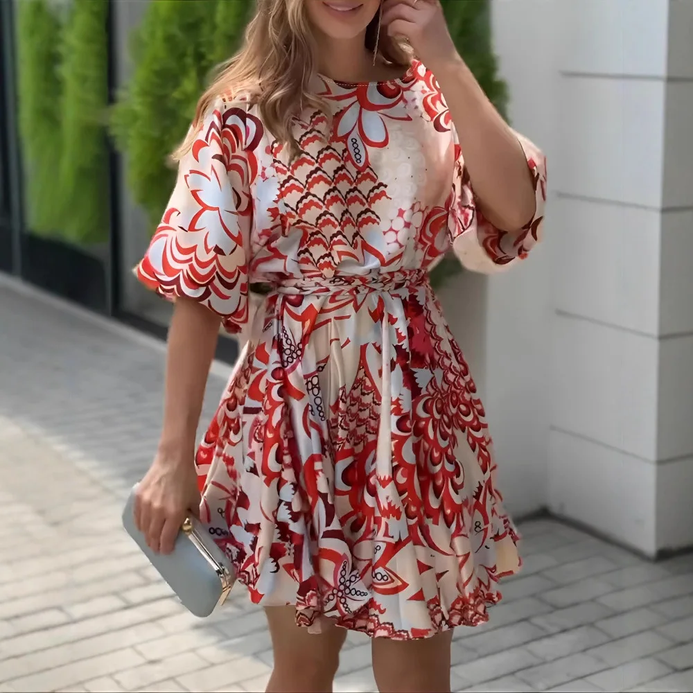 Femmes moulante taille haute mode d'été imprimé abstrait manches bouffantes Mini robe taille décontractée une ligne robe évasée