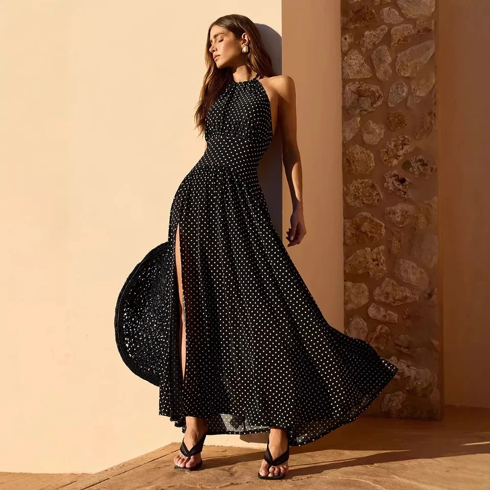

2026 Summer New Black Polka Dot Halter Backless High Slit Long Holiday Style Dress Women Fashion Elegant Design