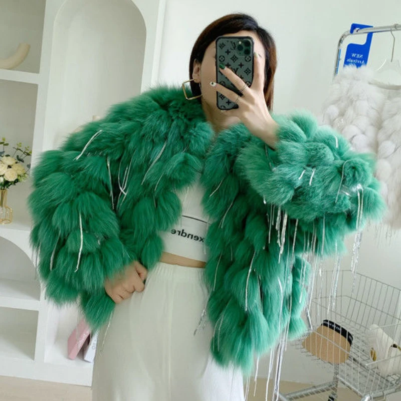 Luxury Fall Winter 3D Hairball Faux Fox Fur Sequined Fringed Jacket Fur Faux Mink Fur Tassels Coat Furry Flocking Cardigan Tops