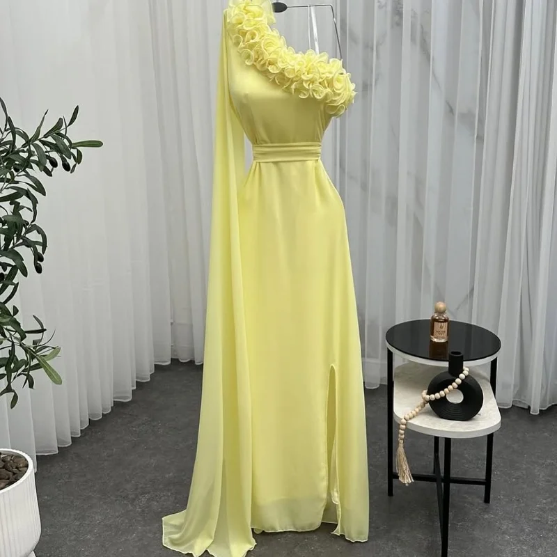 

Yellwo Evening Dresses Oen Shoulder Sleeveless Ruched Mermaid Summer Fairy Party Prom Dresses Special Occasion Gown Customized