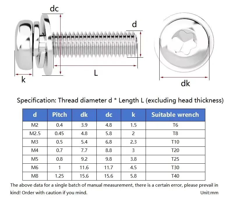 M2 ~ M4 304 Stainless Steel Round Head Torx Pan Head Screw with Flat Spring Washer Three Combination Screw