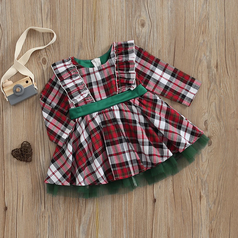 

Girls Fall A-line Dress with Long Sleeves Round Neck Ruffle Tulle Hem and Plaid Pattern for Toddlers