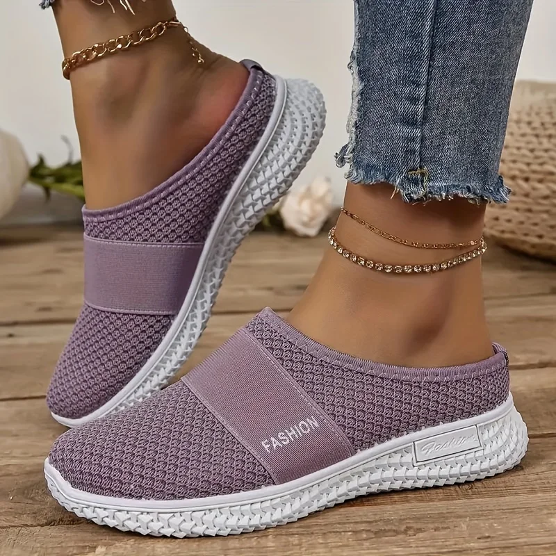 Women\'s Solid Color Mules, Soft Sole Platform Slip On Walking Shoes, Half Drag Breathable Shoes