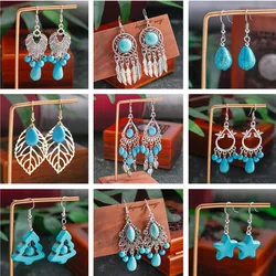 Vintage Ethnic Turquoises Drop Earrings for Women Bohemian Hollow Geometric Beads Tassel Earrings Girls Party Jewelry Gifts
