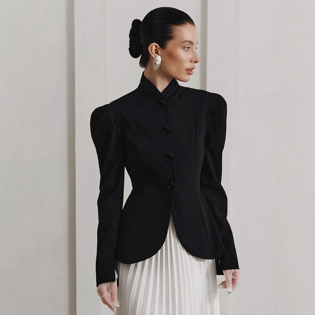 

Commute Puff Sleeve Tweed Jacket Women French Style Vintage Stand Collar Black Blazer Chic Office Wear Casual Outerwear New
