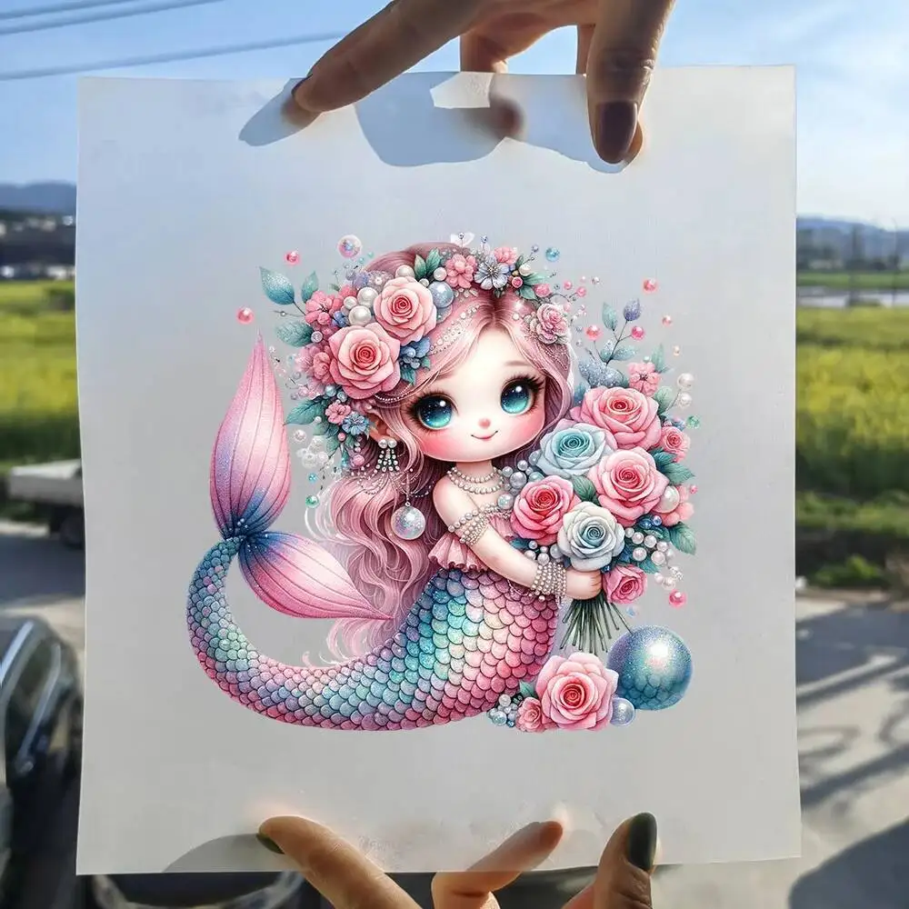 ملصق نقل الحرارة لحورية البحر للزهور للأطفال ، يزين حراري ، ملصق تيشيرت قابل للغسل ، مكواة ، وردي ، فينيل ، لطيف ، 15