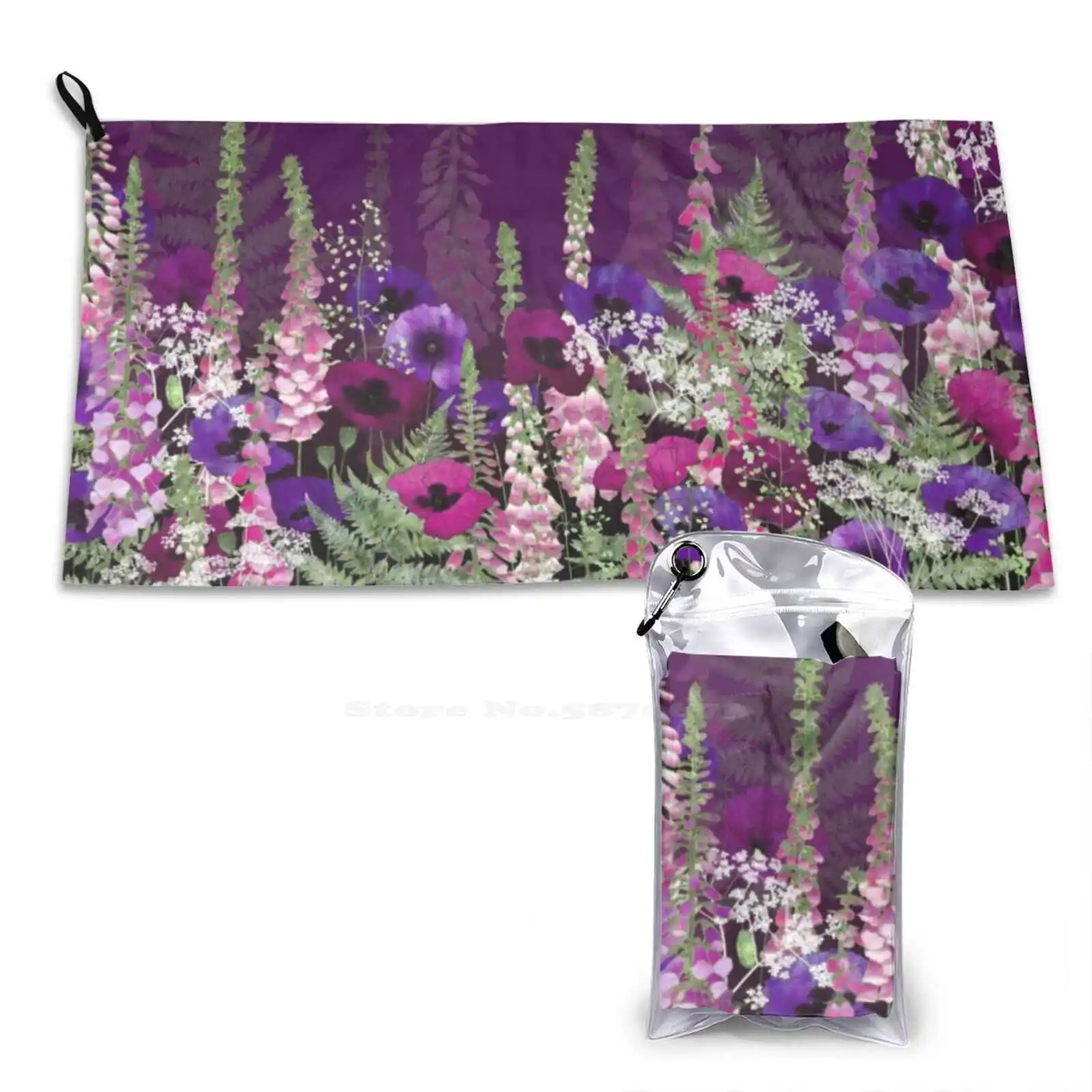 Flower Garden-Purple Poppies , Pink Foxgloves , Ferns Soft Towel Quick Dry Beach Towel Floral Art Flower Art Purple Poppies