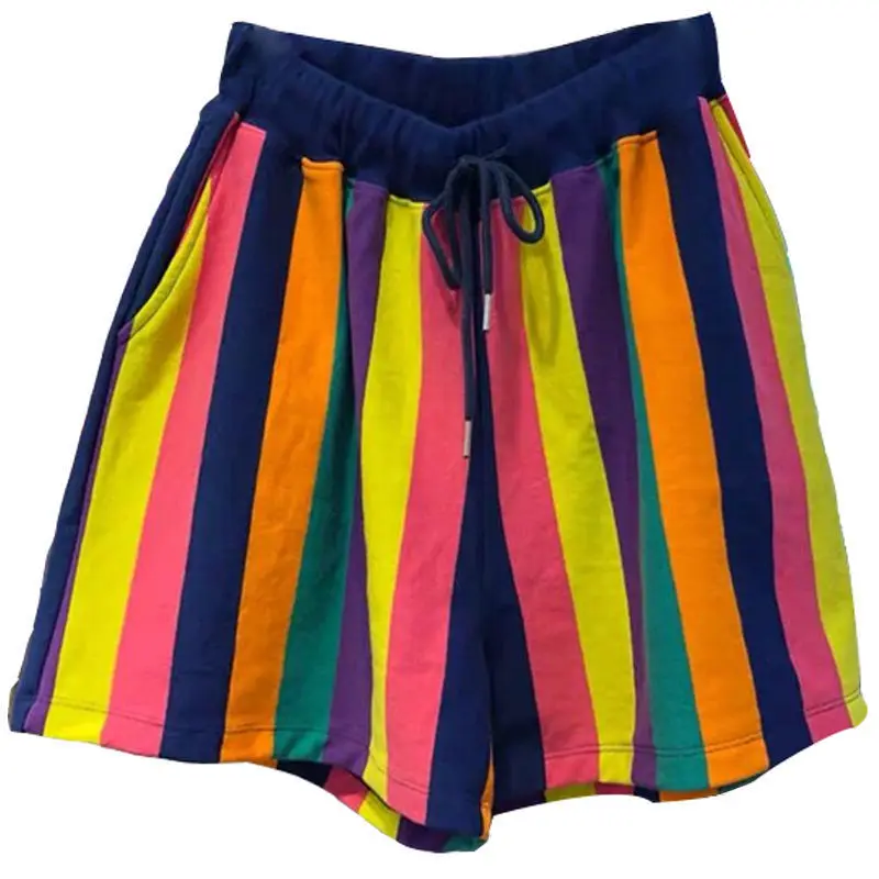 2025 New Bottoms Rainbow Stripes Summer Shorts Women Clothing Drawstring Fashion Wide Leg Pants Pantalones Cortos De Mujer