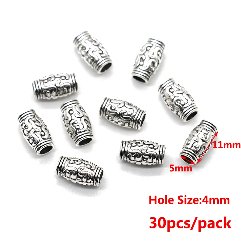 30pcs/lot 11*5mm Round Metal Big Hole Charm Beads Antique Bronze  Spacer Tube Beads for Bracelet DIY Jewelry Making Findings