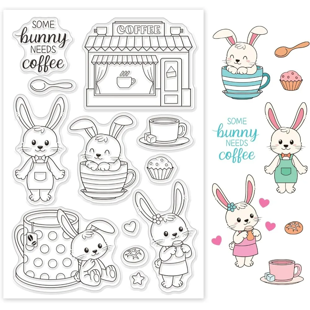 Bunny and Coffee Silicone Clear Stamps Animals and Afternoon Tea Transparent Stamps for Birthday Valentine's Day Cards Making