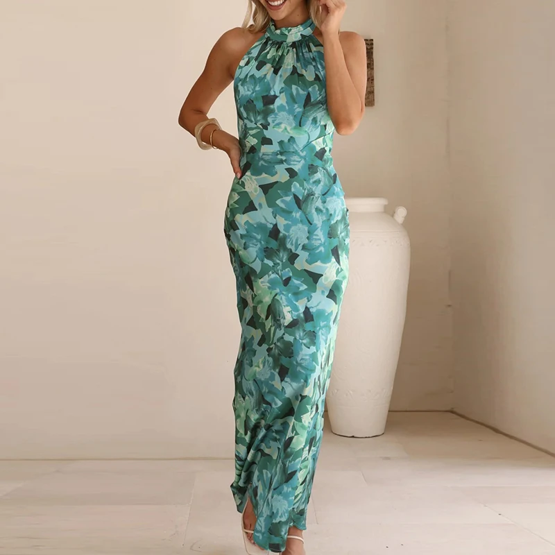 Moda feminina flor impresso vestido longo elegante sem mangas altura cintura bohe vestidos de festa sexy halter rendas magro vestido de férias