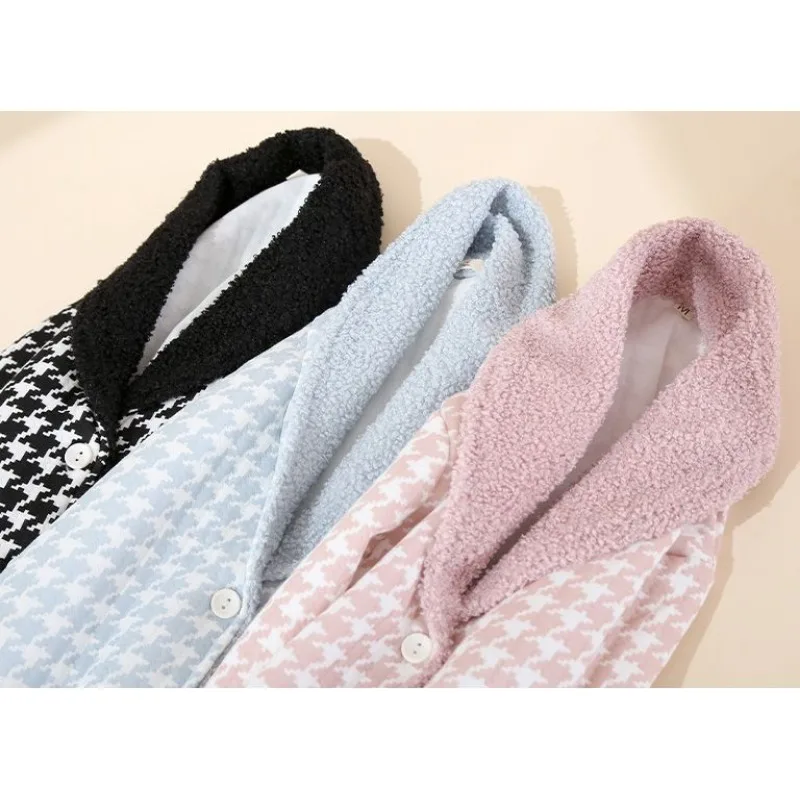 2024 New Houndstooth Air Cotton Pajamas Women Autumn Winter Pure Cotton Sleepwear Thickened Cardigan Warm V-neck Homewear Set
