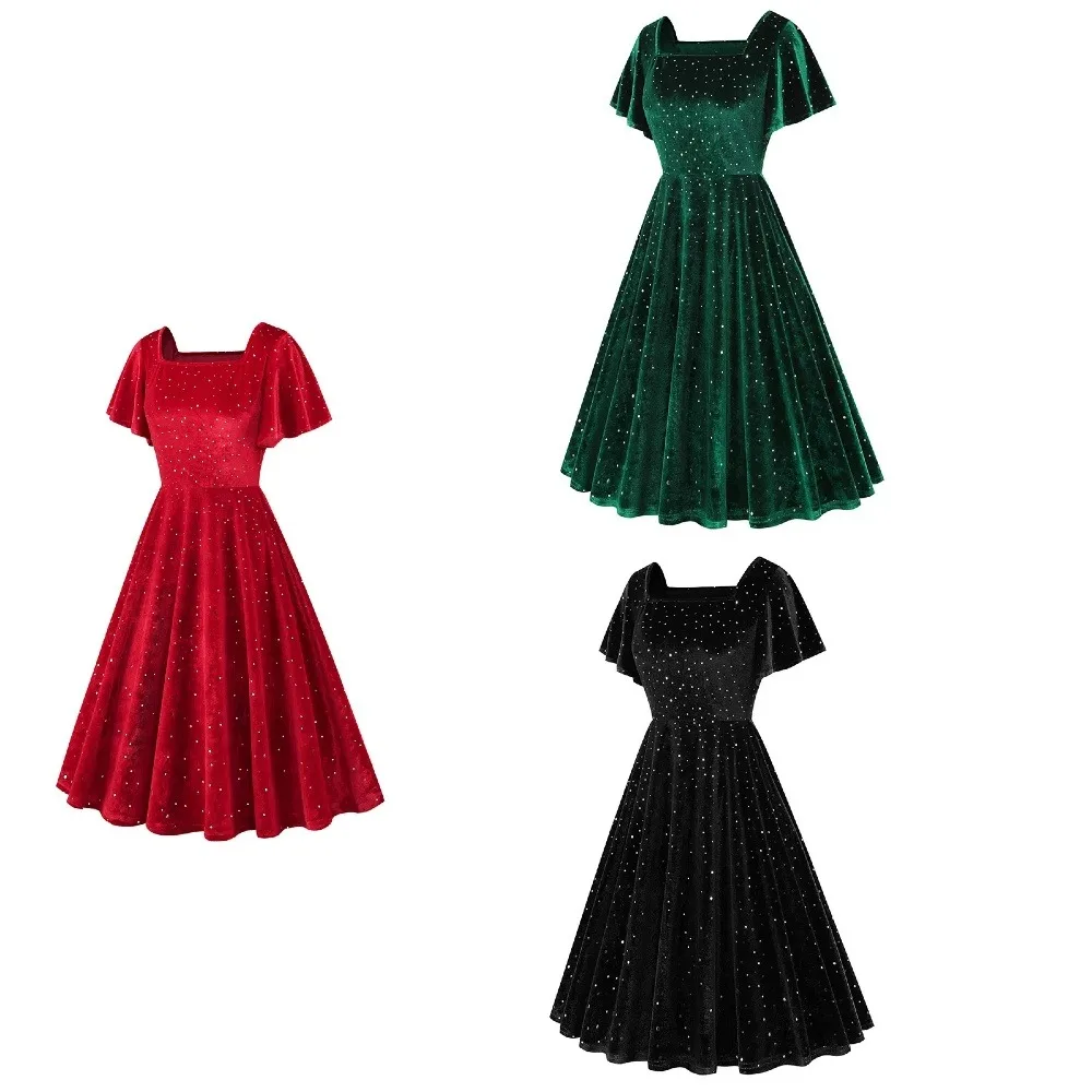 Vestido formal retro de terciopelo con mangas aleteadas - Vestido navideño elegante de manga corta para fiestas navideñas