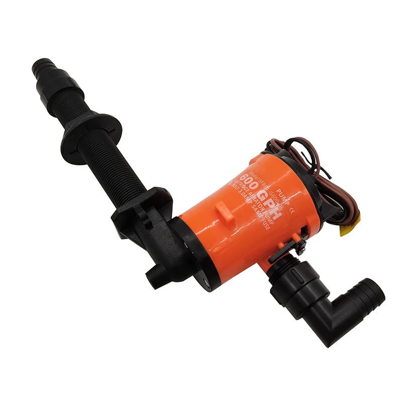 12V 600GPH Boat Livewell Pump, Live Bait Tank Aerator Submersible Cartridge Aeration Pump 90-Degree Boat Accessory