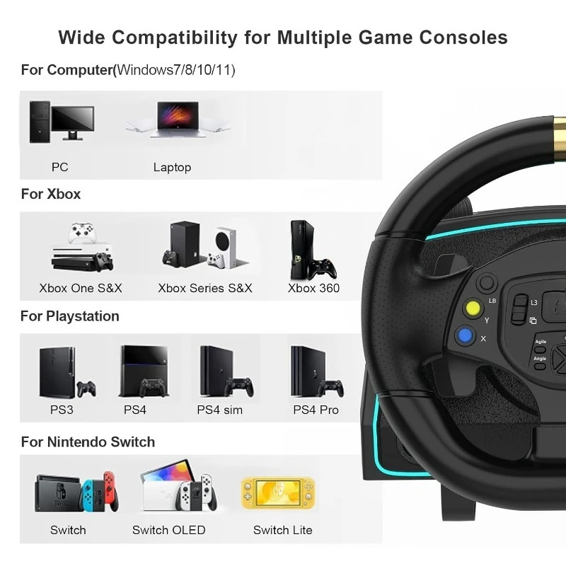 عجلة السباق مع 1080 °   دوران، دواسات تأثير القاعة، اهتزاز ناقل الحركة 6 سرعات للسلسلة X | S One، PS4،