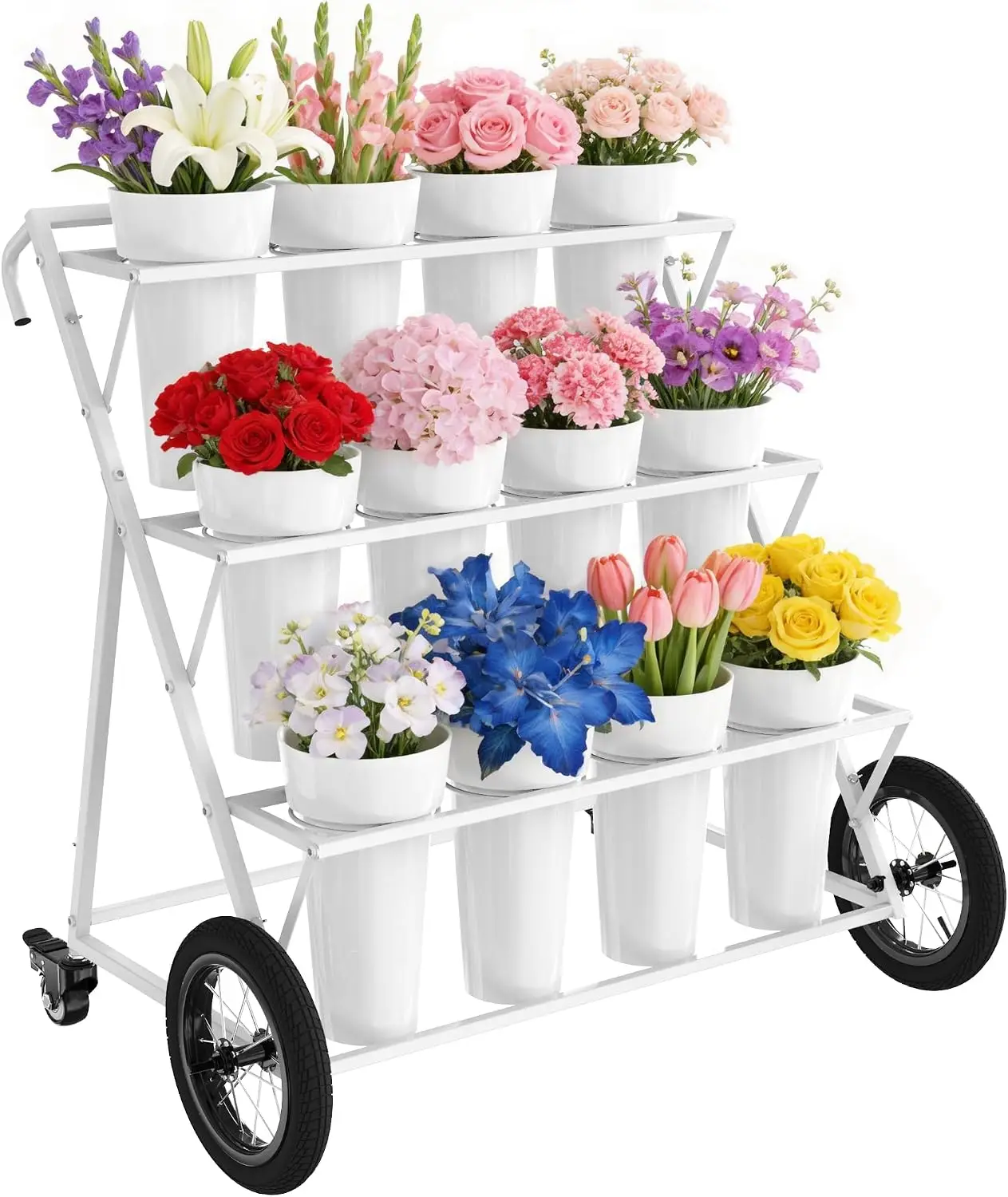 White 3-Tier Metal Rolling Flower Display Stand with 12 Buckets Wheeled Florist Bouquet Cart Large Wheels Mobile Flower Shelf for Indoor Outdoor Garden Patio Wedding