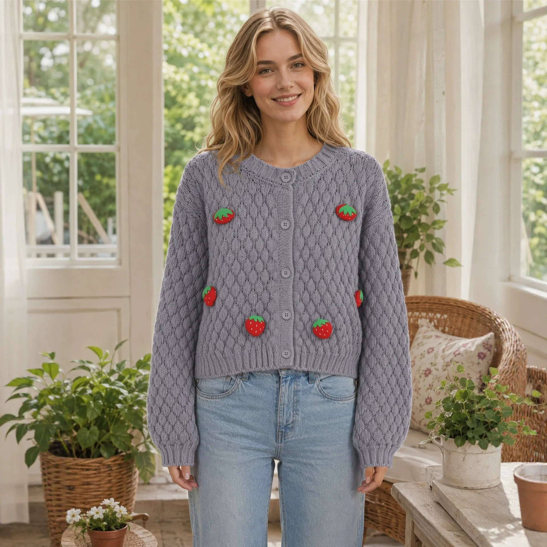 Autumn Winter Strawberry Knitting Women Cardigan Y2K Fashion Loose Long Sleeve Thicken Warm Sweater Chic Preppy Sweater