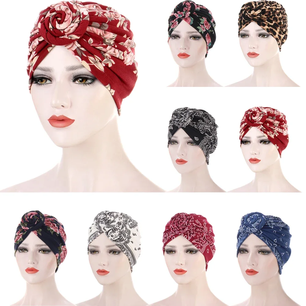 

India Women Printed Turban Hat Hijab Twist Knot Chemo Cap Stretch Beanie Head Wrap Hair Loss Headwear Muslim Cover Bonnet Bonnet